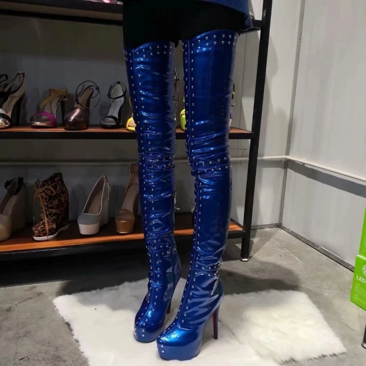 Crotch Long Platform Sexy Studded Thigh High Boots Stiletto High Heels Bootie Round Toe Shiny Blue Shoes Women Plus US Size 5-15