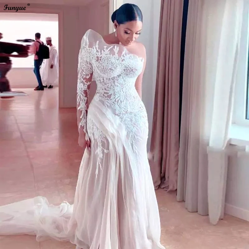 

Robe De Mariée African Lace Wedding Dresses Mermaid Plus Size Bridal Gowns Long Sleeve Appliques One Shoulder Bride Dress 2024