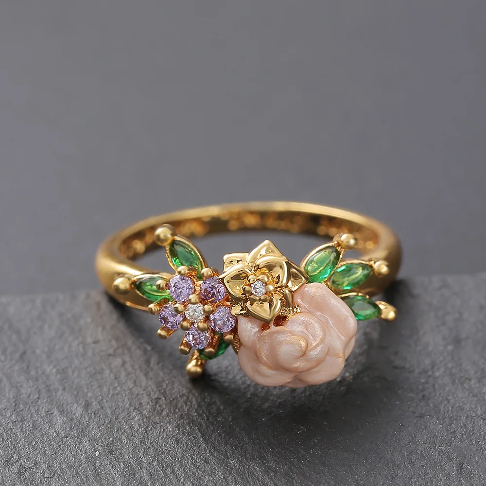 Foydjew Exquisite Pink Rose Flower Rings For Women Gold Color Green and Purple Zircon Ring Engagement Valentine Jewelry