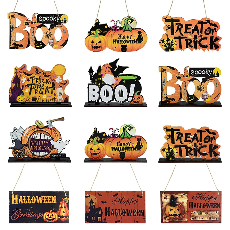 1pc Happy Halloween Wooden Craft Hanging Ornament Spooky Boo Trick Or Treat Party Supplies Wood Desktop Home Halloween Decor