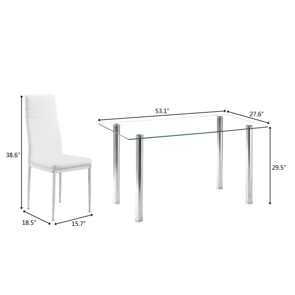 Dining Table Set Simple Transparent Glass&Iron Dinner Table + 6pcs Elegant Stripping Texture High Backrest Dining Chairs White