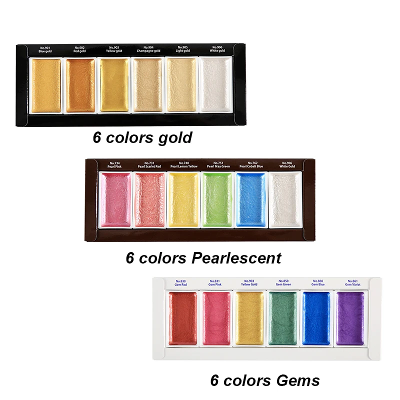 Japan ZIG Kuretake GANSAI TAMBI Starry/Pearl/Gem/Opal Watercolor Metallic Gold Paints 6 Colors Set Painting Supplies