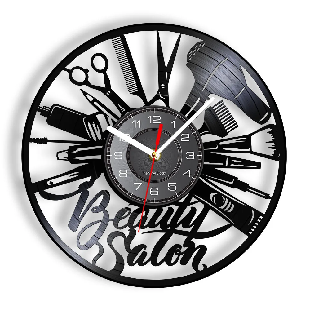 Barber Shop Vinyl Record Wall Clock Modern Design Beauty Salon Vintage Timepiece Haircut Professional Artwork Hairdresser Gift