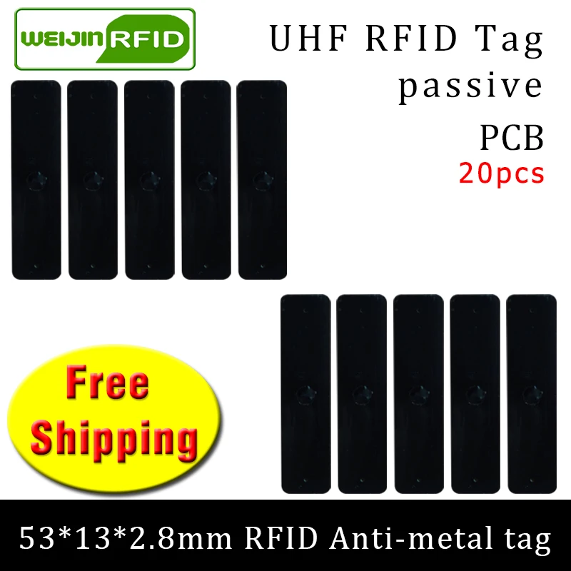 

UHF RFID metal tag 915m 868m EPC 20pcs free shipping fixed-assets management 53*13*2.8mm rectangle PCB passive RFID tags