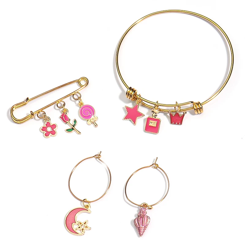 30pcs/Lot Pink Lips Lipstick Flowers Heart Enamel Charms For Jewelry Making For Women DIY Bracelet Earrings Pendant Wholesale