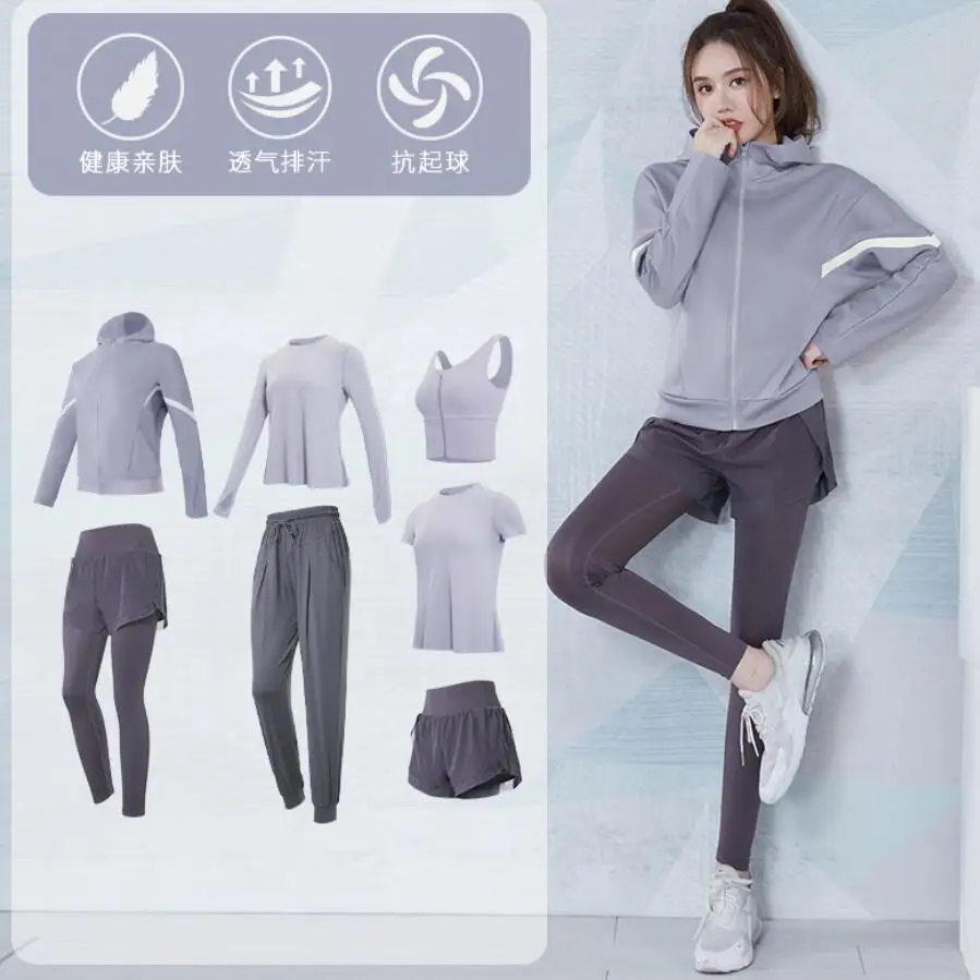 Fitness Gym Suits Women Yoga Set Running Coats+T Shirt+Bra+Pants+Shorts Outdoor Sportswear Clothing Sports Sets