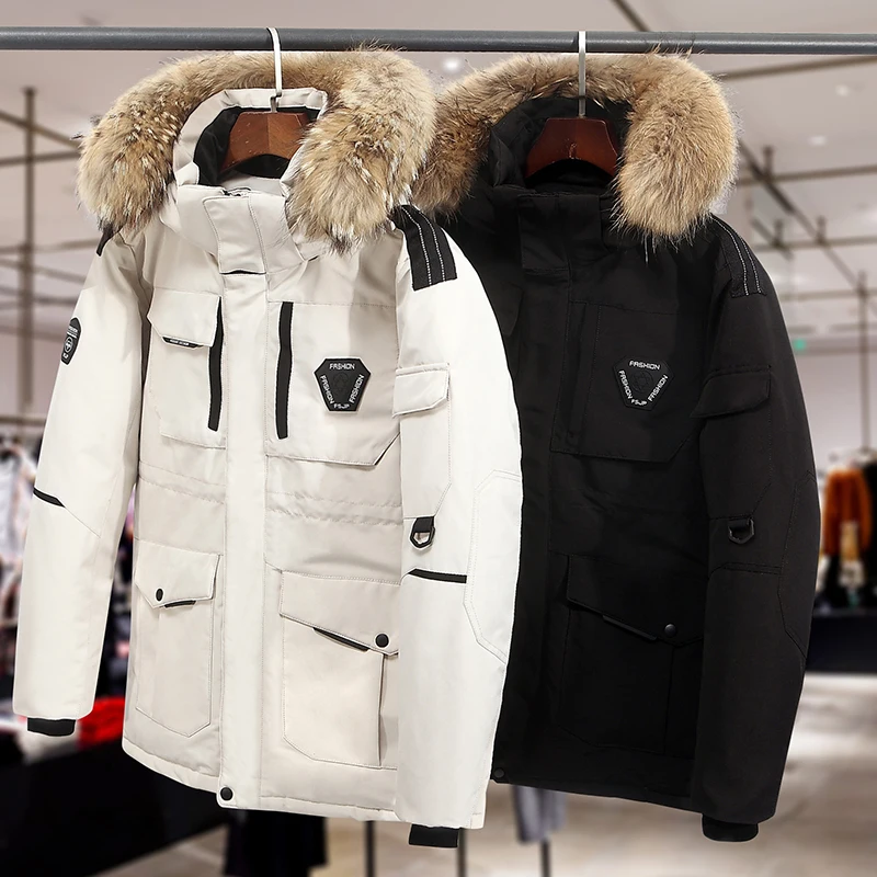 Chaqueta de plumón de pato blanco para hombre, abrigo cálido de alta calidad con cuello de piel, Parka larga gruesa a prueba de viento, chaqueta de nieve blanca