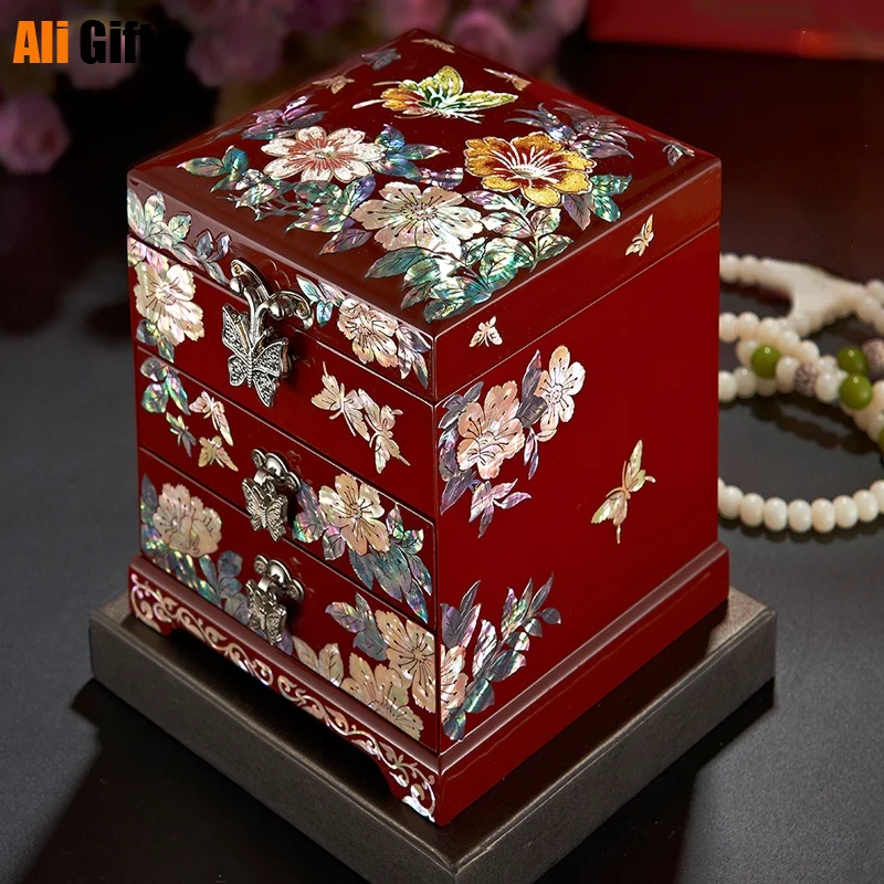 Mother-of-pearl Lacquer Wooden Jewelry Box for Princess European Valentine's Day Wedding Gifts Storage Boxes Organizer Case