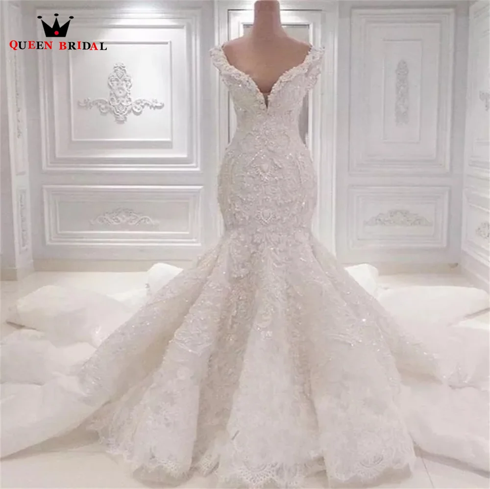 Luxurious Mermaid Wedding Dresses V-neck Long Train Tulle Lace Beading Crystal Vintage Real Photo Bride Gown Custom Made JY73E