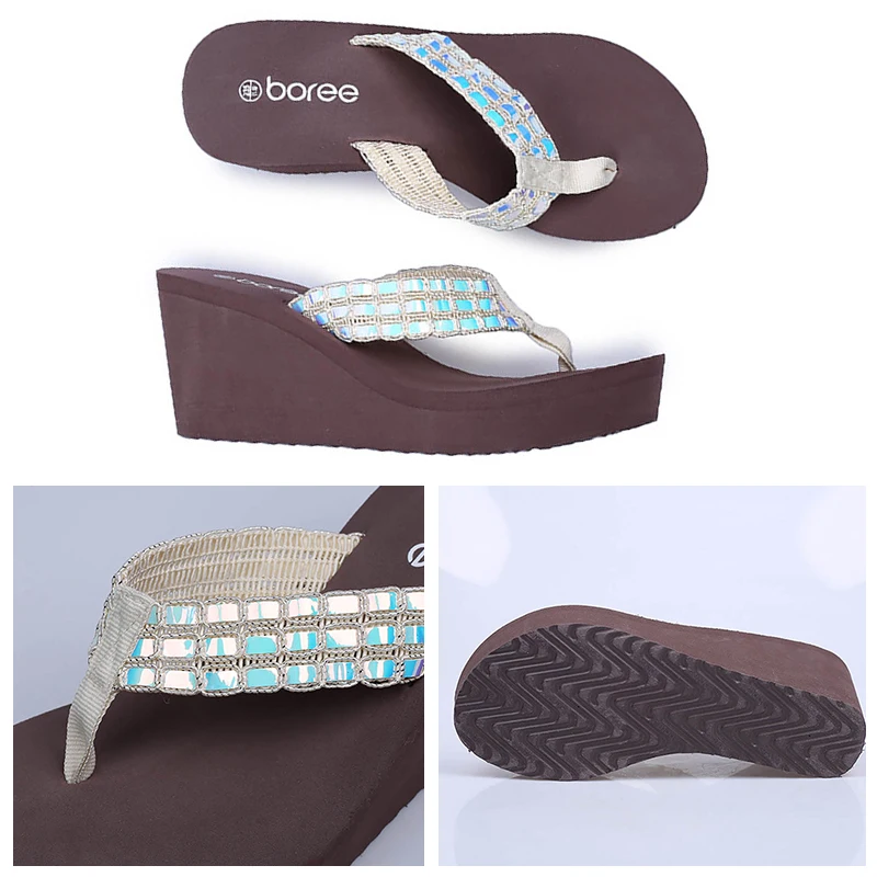 BOREE Woman Slippers 2022 Summer Hollow Out Breathable Beach Slipper Flip Flops EVA Blingbling Wedges Platform Slides Sandals