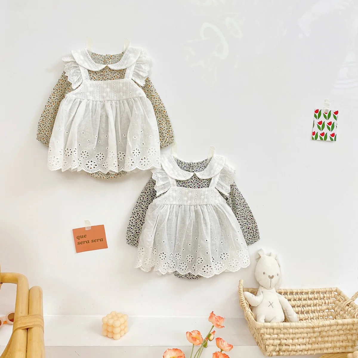 Spring Toddler Infant Baby Girl Lace Bodysuit Long Sleeve Kids Girl Floral Lace Apron Lolita Jumpsuit Outwear