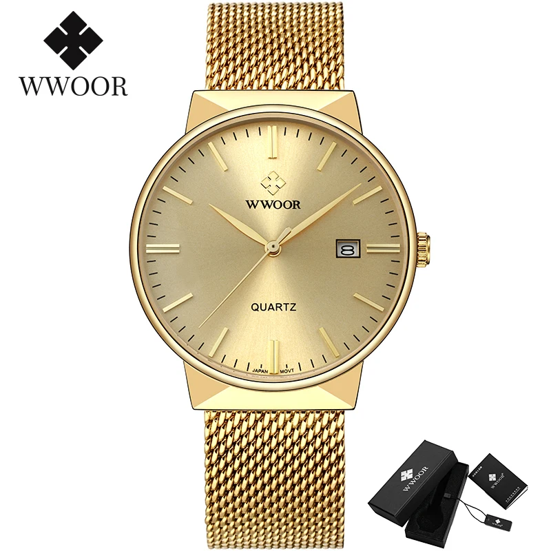 Gold Watch Men WWOOR Top Brand Famous Male Clock Steel Mesh Waterproof Watch Luxury Golden Quartz Wrist Watch Relogio Masculino