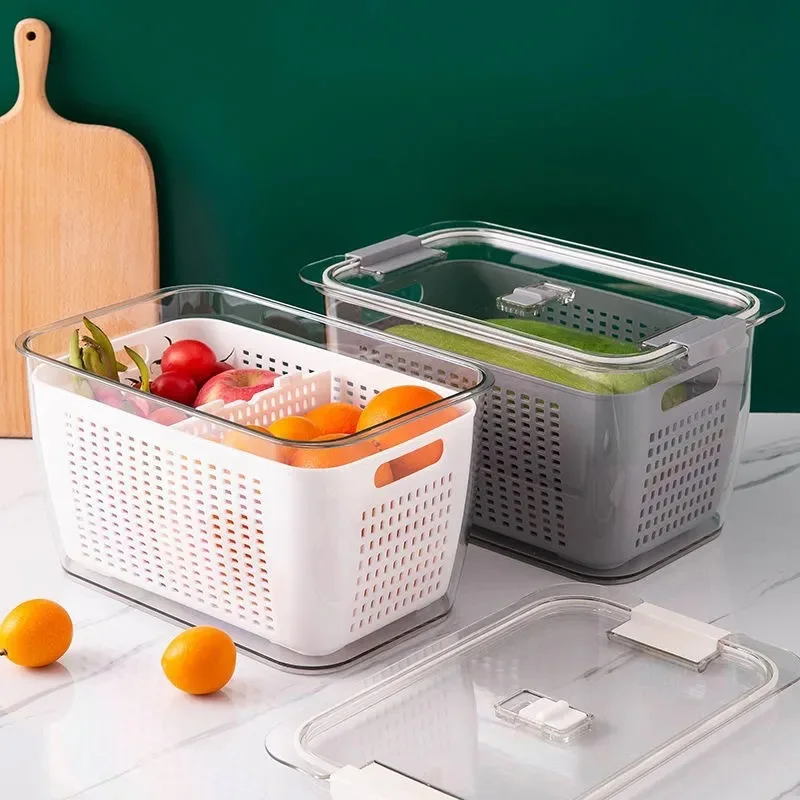 Kitchen Food Storage Basket Box Double-Layer Drain Crisper Plastic Refrigerator Fruit Vegetable Containers Lid Sealed Organizer