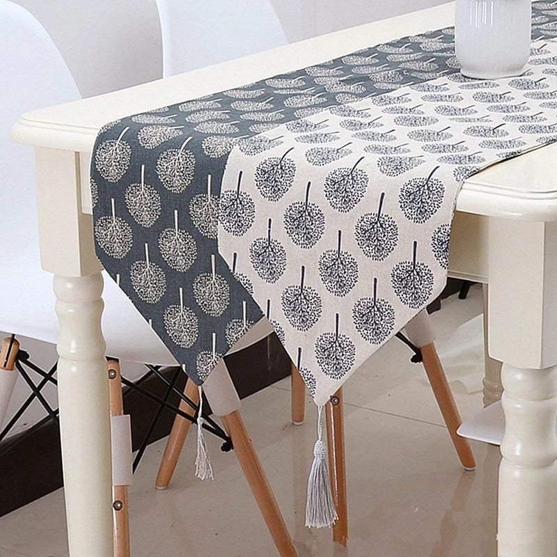 

Rustic Tree Pattern Table Runner Cotton Linen Decorative Tablecloths with Tassel Holiday Party Wedding Home Decor