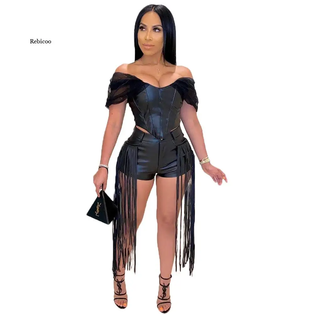 Women Two Piece Set Sexy Off Shlouder Pu Short Top and Skinny Shorts Set Punk Suits Tassels Detail Party Clubwear Summer New