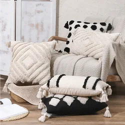 Embroidery Cushion Cover Beige White Tassels Pillow Covers Decorative Black Pillow Case Square Home Boho Decor Tufted Pillowcase
