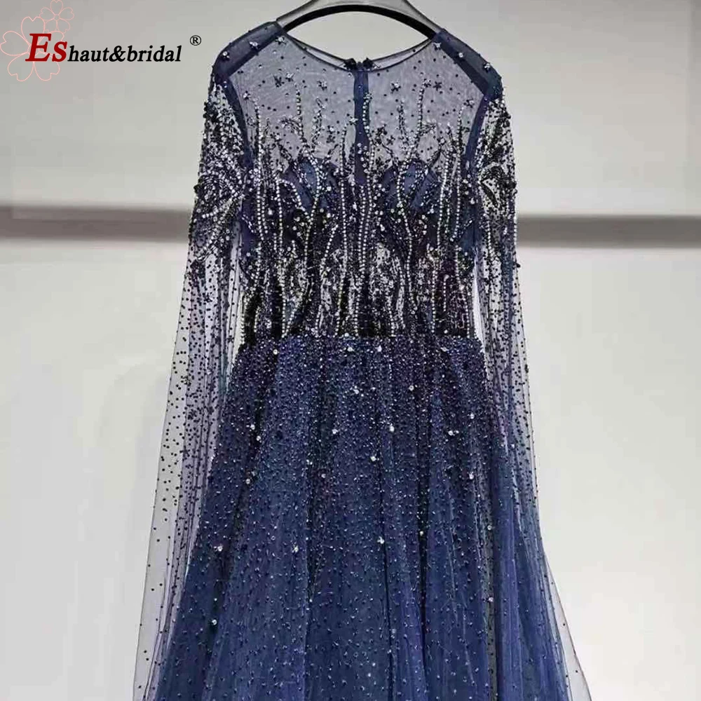 Elegant Evening Night Dresses for Women 2023 Long Sleeves O Neck A-Line Luxury Crystal Handmade Formal Prom Wedding Party Gowns