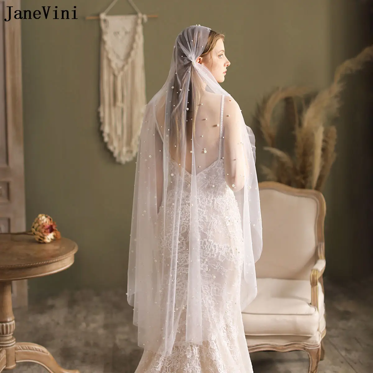 

JaneVini 2022 Elegant Pearls Bride Veils White Hat Style Wedding Veil with Double Side Clips Church Bridal Veil Accesorios Novia