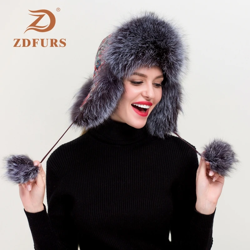 

ZDFURS* Russian leather bomber leather hat women winter hats with earmuffs trapper earflap cap women real raccoon fur black fox