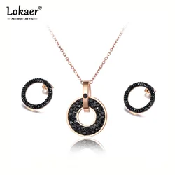 Lokaer Trendy White/Black CZ Rhinestone Necklace Earrings Sets Titanium Steel Rose Gold Color Wedding Jewelry For Women SE020