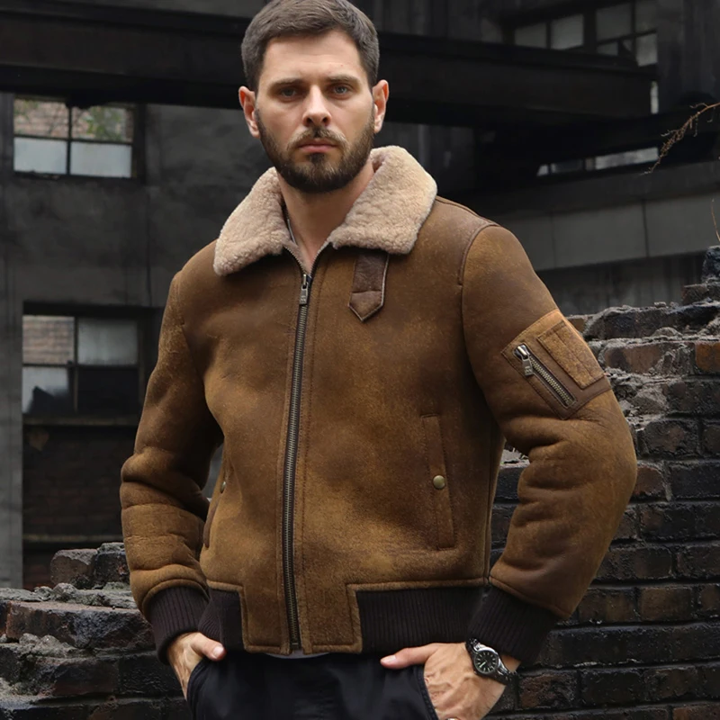 Denny&Dora New Mens Shearling Coat B3 Bomber Jacket Short Fur Coat Brown Leather Jacket Fashion Motorcycle Jacket