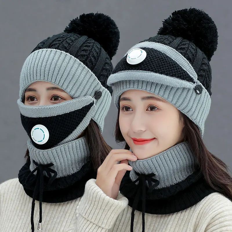 

3PCS Womens Winter Scarf Set with Filter Thickend Knitted Hat Scarf Face Cover Outdoor FS99