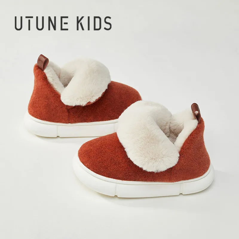 UTUNE KIDS Winter Shoes For Children Snow Boots Girls Felt Thick Plush Warm Kids Ankle Home Flats Boys EVA Anti-slip Soft Cute