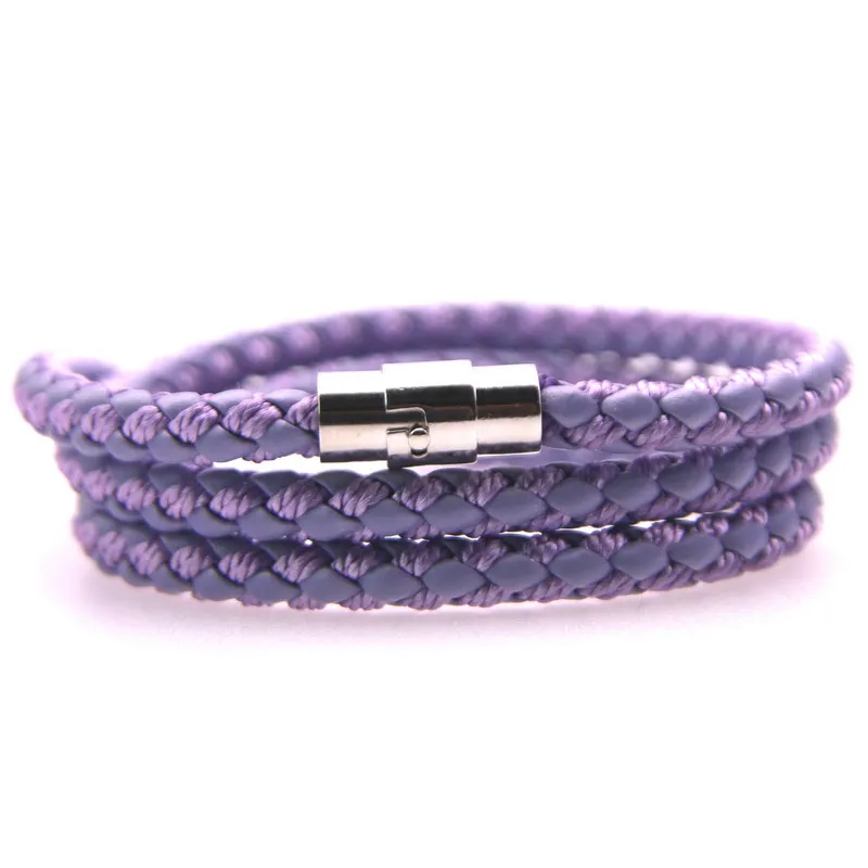 Fashion Simple Style Stainless Steel Men\'s Leather Bracelet Multi-color Purple Leather Bangle For Boys Handsome Birthday Gift