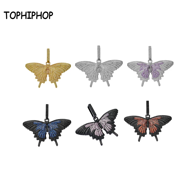 

TOPHIPHOP Fashion Iced Out Multicolor Butterfly Pendant Necklaces Micro Pave AAA Cubic Zircon Charm Hip Hop Necklace for Gifts