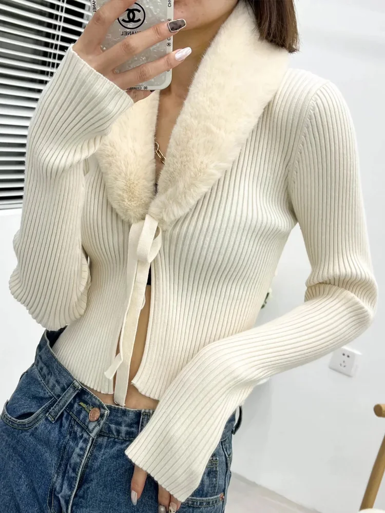 XNWMNZ 2021Women Fashion Patchwork Faux Fur Knitted Cardigan Sweater Vintage With Tied Female Long Sleeve Outerwear Chic Tops