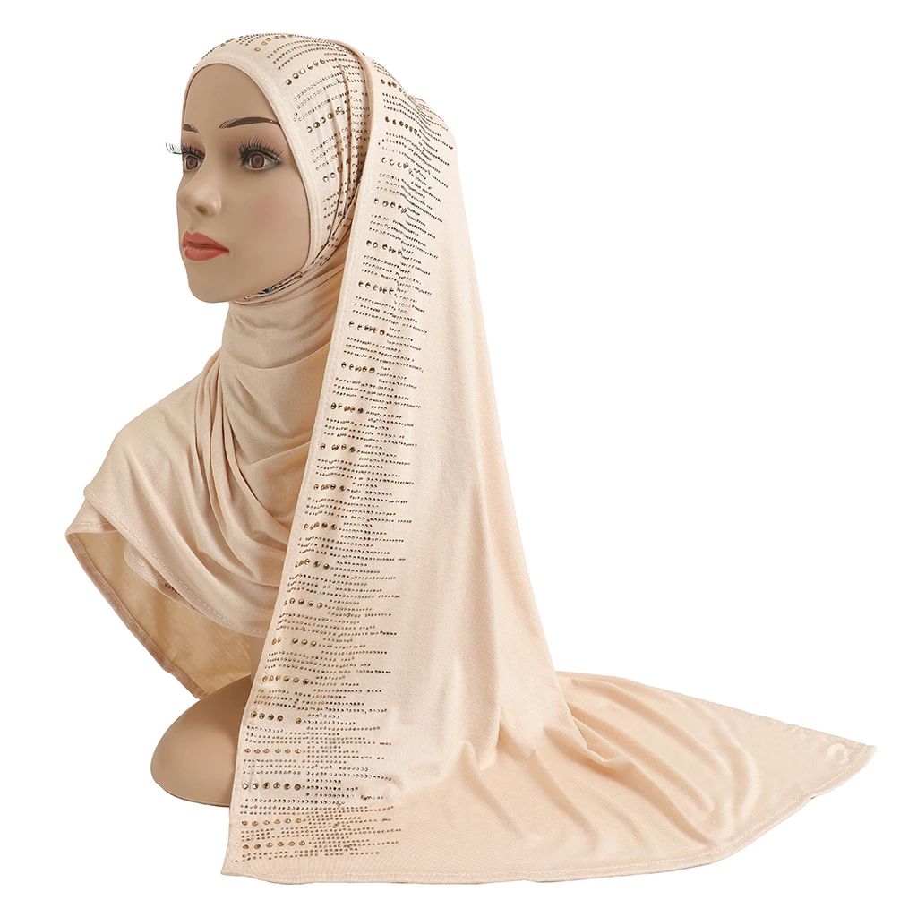 H204 High Quality Soft Cotton Jersey Scarf with stones modal headscarf women\'s hijab islamic female shawl Lady Bonnet headwrap