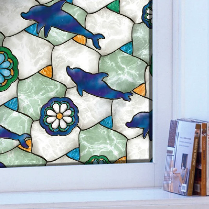 

European Painting Donphin Static Cling Stained Window Film, Thickening, High Privacy Glass, Block Sun Screen, 45 cm, 60 cm, 90cm