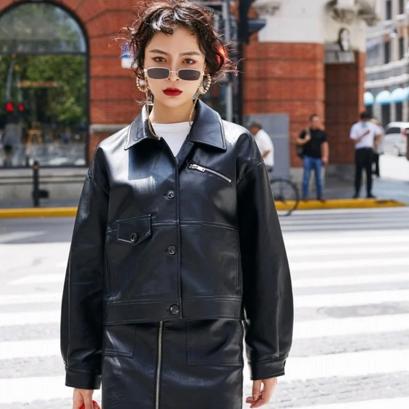 Jaket Kulit Pu Biker Longgar Desainer Ritsleting Mantel Kantor Kancing Sebaris Mode Wanita Pakaian Luar Lengan Penuh Punk Kerah Persegi