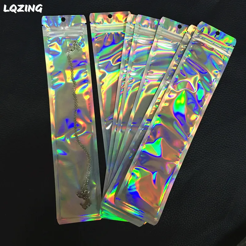 

Single Side Clear Laser Holographic Cosmetic Bag Long Style Zip Lock Bag Plastic Foil Zipper Bag Food Jewelry Pouches Gift Bags