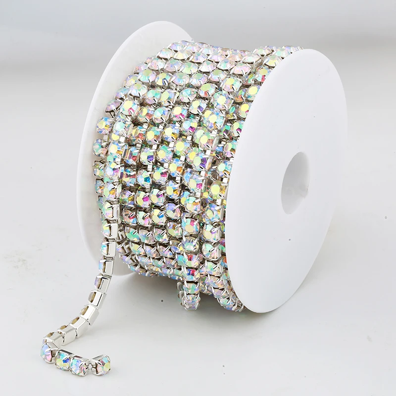 RESEN AAAA Big Size 5mm/6mm Sliver/Gold Dense Crystal AB Rhinestone Cup Chain Trim Brass Strass Glass Crystal Chain For Sewing