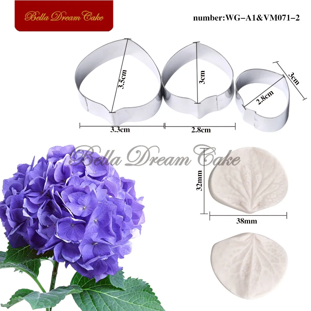 Molde de silicone para Flower Veiner, cortador de aço inoxidável, DIY Petal Fondant Molds, Bolo Decoração Ferramentas, Bakeware, Hortênsia, 5pcs