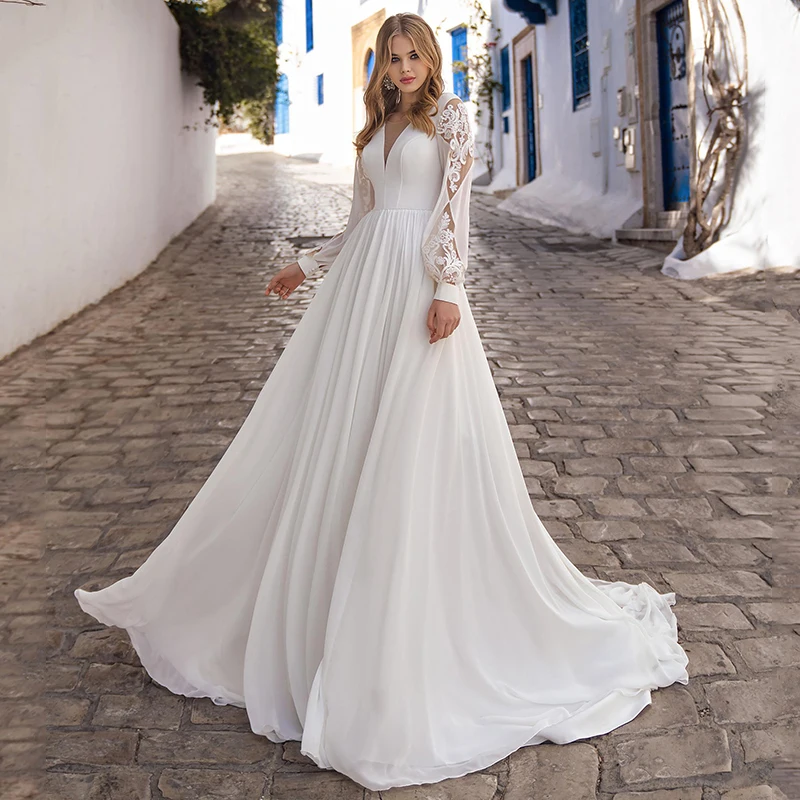 

Weilinsha Plus Size Wedding Dress 2021 Elegant Chiffon Sweep Train A-line Scoop Neck Lace Long Sleeve Bridal Gowns