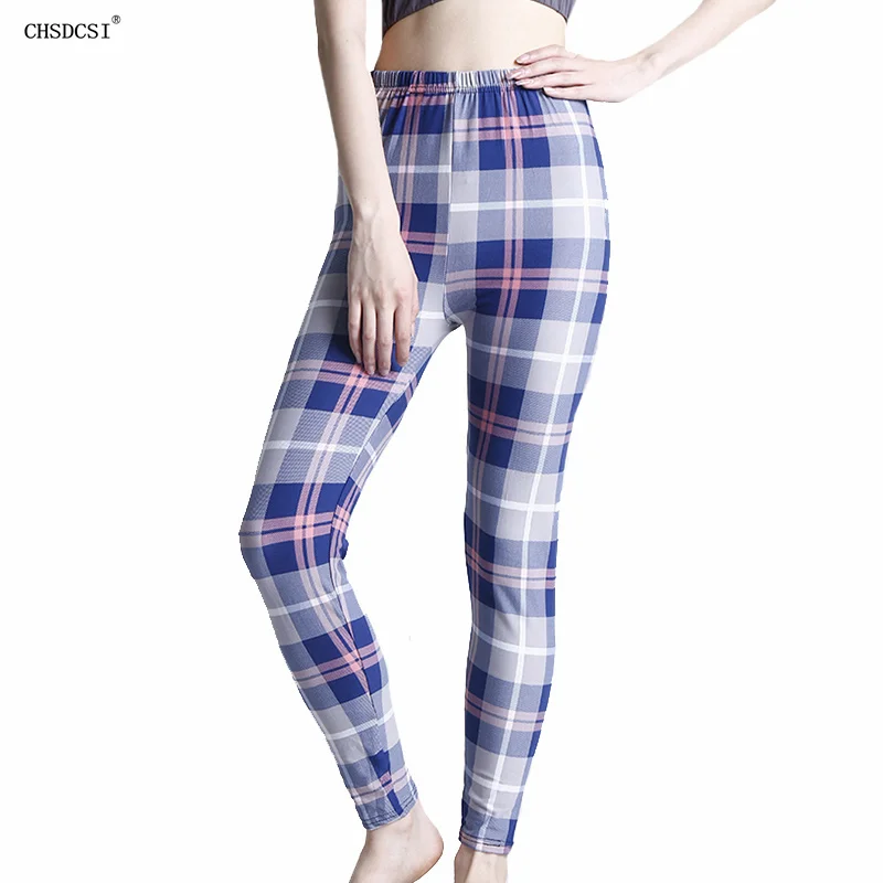 CHSDCSI moda kobiety Plaid drukowanie Legging Sexy wysokiej talii spodnie do fitnessu siatka Stretch legginsy trening elastyczność spodnie