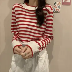 2021 Spring New Korean Versatile Stripe Contrast Loose Thin Knitted Sweater Round Neck Blouse Women