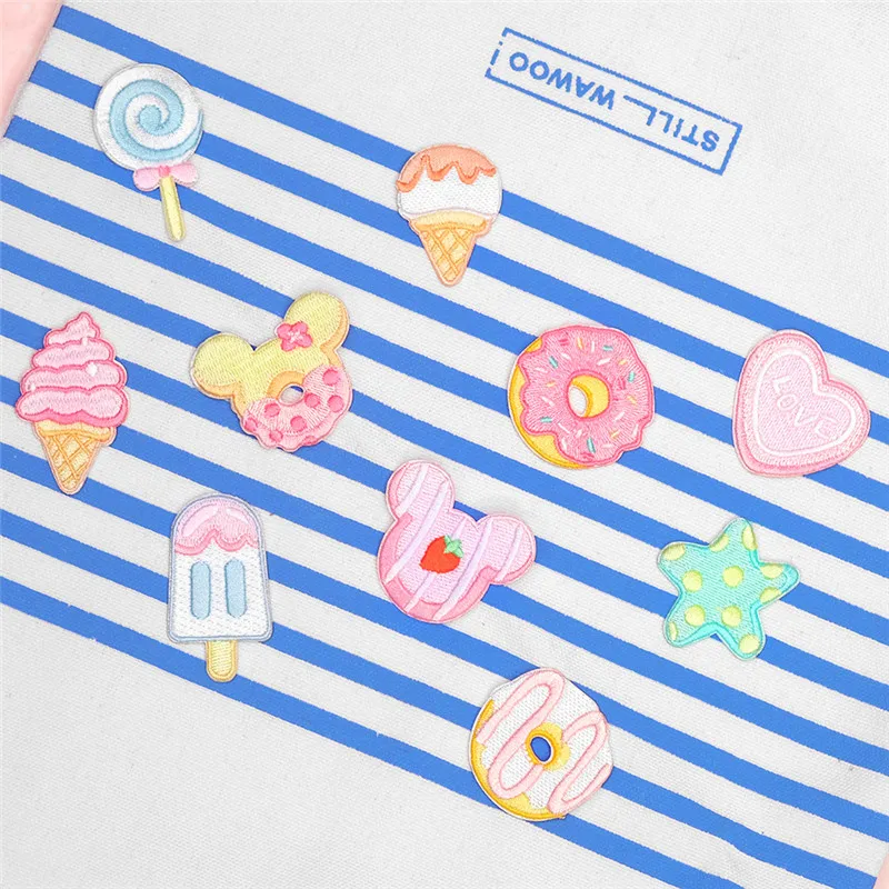 1 Piece Donut Icecream Cookie Embroidery Repair Patches Bag Jacket Jeans Cartoon Iron On Patches for Clothes Small Glue Sticker