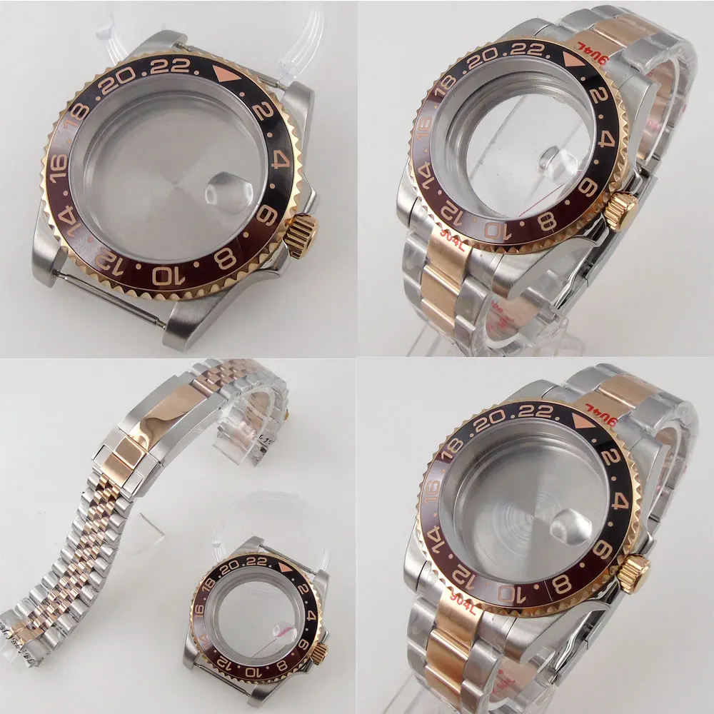 

40mm Rose Gold Plated Watch Case Bracelet Fit NH35 NH36 Miyota 8215 821A DG 2813 Movement Ceramic Bezel Insert