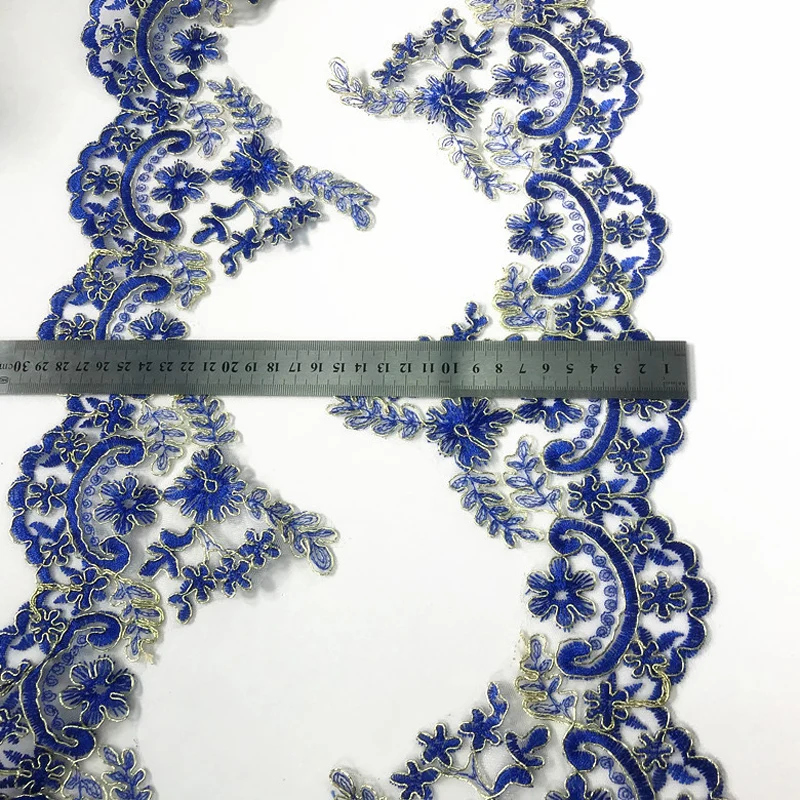 1Y 15CM Wide Embroidered Blue Flower Lace Ribbon Trims for Home Textiles Sofa Covers Trimmings Mesh Applique Sewing Lace Fabric