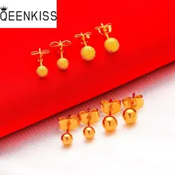 QEENKISS-Brincos De Ouro Para As Mulheres, Brincos De Bola, Brincos Fosco, Jóias De Festa De Casamento, Presente Por Atacado, Frete Grátis, 24KT, 4mm, 5mm, EG511