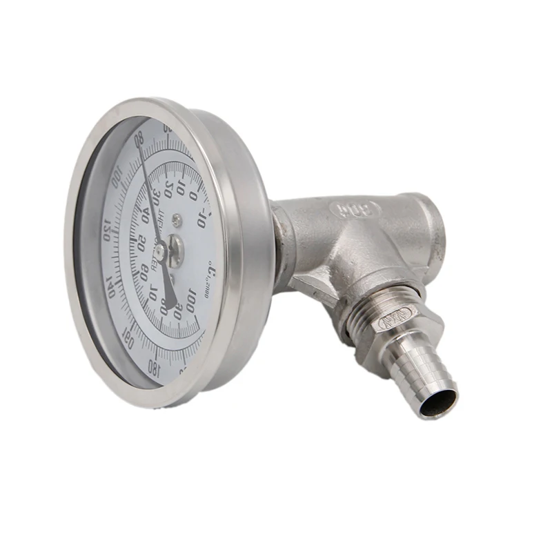 

In-line Thermometer Monitor Brew Plate Chiller Monitor 1/2"NPT Tee 1/2" Hose Barb 3" Face Bi-metal Thermometer x 2" Probe