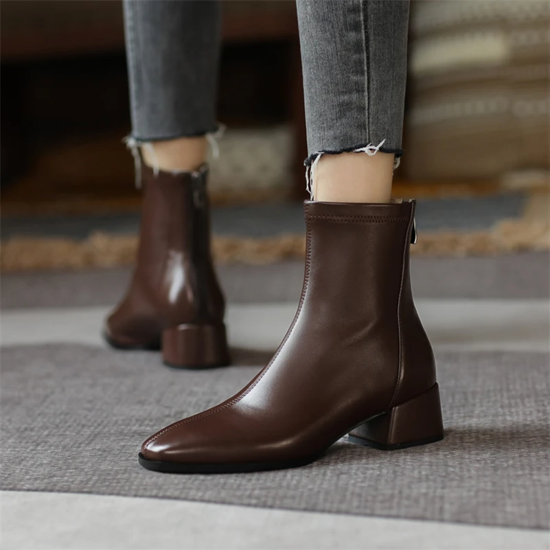 Meotina Women Genuine Leather Boots Thick Med Heel Ankle Boot Round Toe Fashion Zipper Ladies Boots Autumn Winter Black 34-40