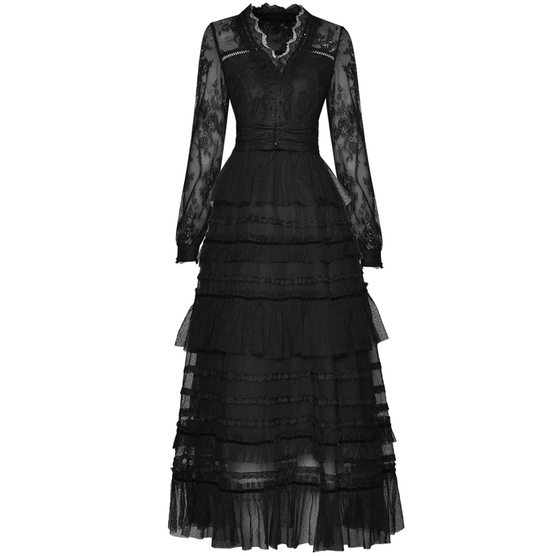 Long Dress Designer New High Quality Bohemian Spring Autumn Women'S Fashion Party Elegant V-Neck Sexy Runway Lace Dresses