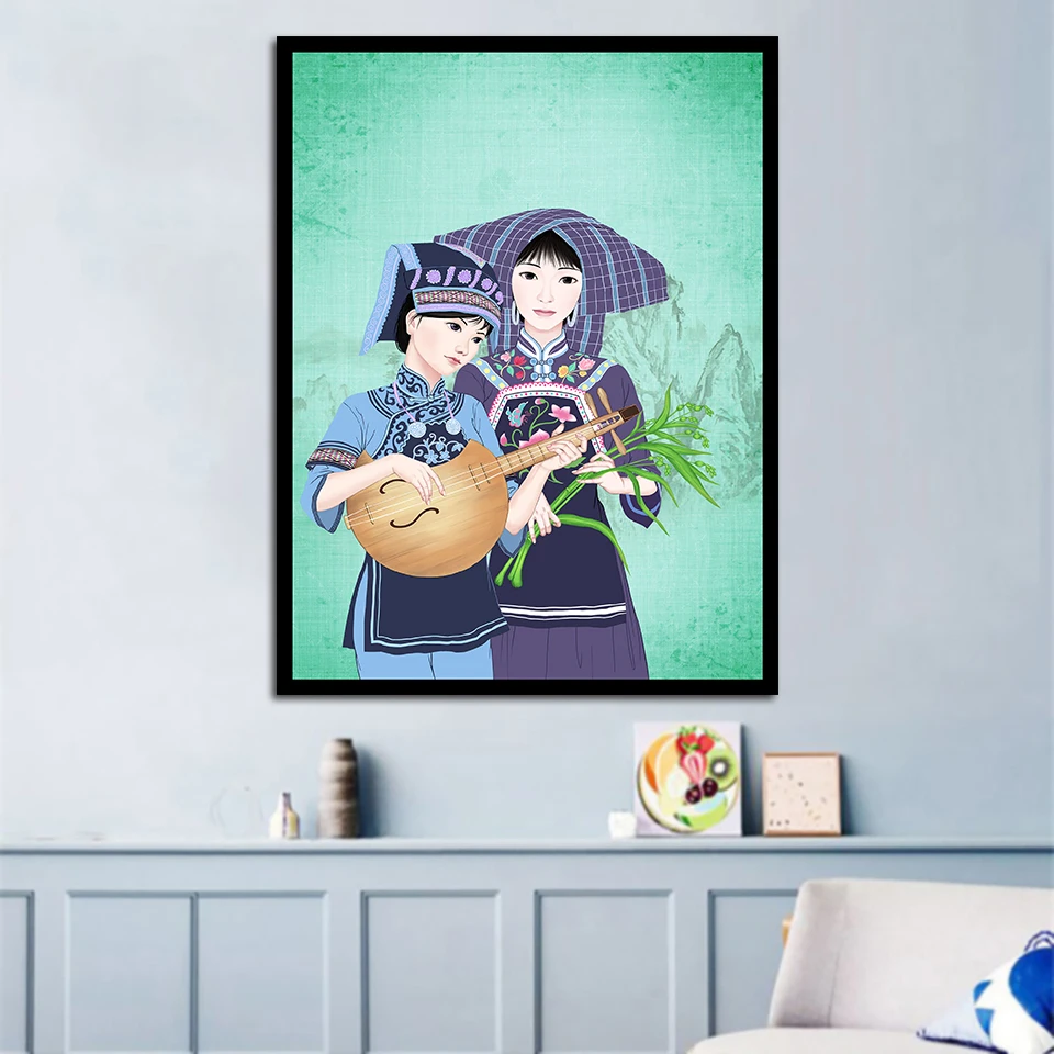 

Chinese minority ladies' costumes Nordic Style Wall Art Canvas Print Painting Modern Living Room Decor Picture