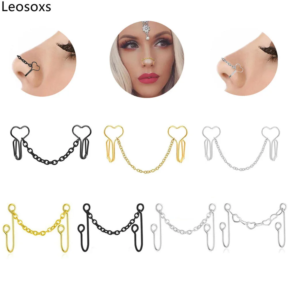 Leosoxs 1pc Nose Chain for Double Fake Nose Piercing Cuff Gold Black Nostril None Pierced Fake Nose Cuff Nose Ring Jewelry New