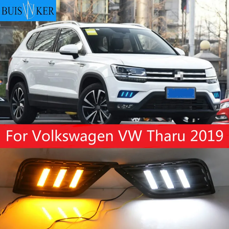 

1Pair For Volkswagen VW Tharu 2019 With Yellow Turn Signal Fog Lamp Cover night blue LED DRL Daytime Running Light Daylights