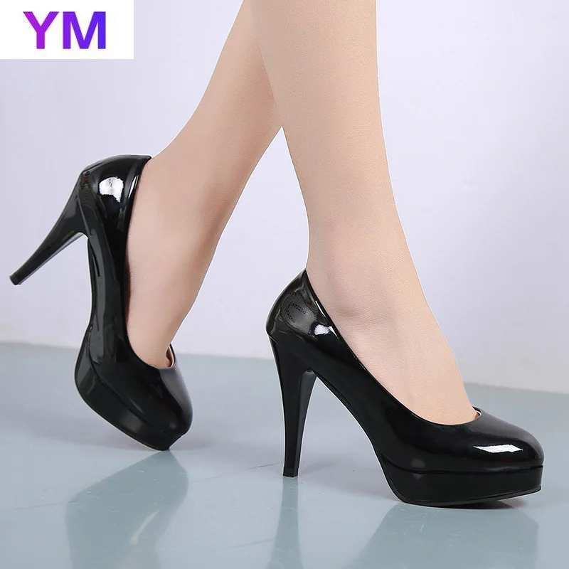 Plus Size 33-43 Women Dress Shoes Round Toe Thin Heeled Pumps Slip-On High Heels Patent Leather Wedding Ladies Zapatos Mujer